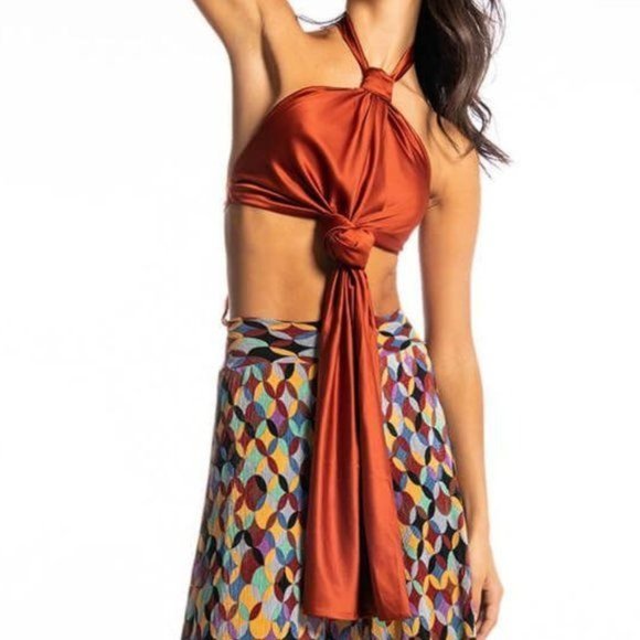 Calle CopperTone: Shoulders Out Tied & Knotted Satin Apron Halter Top SM LXL - Picture 4 of 9